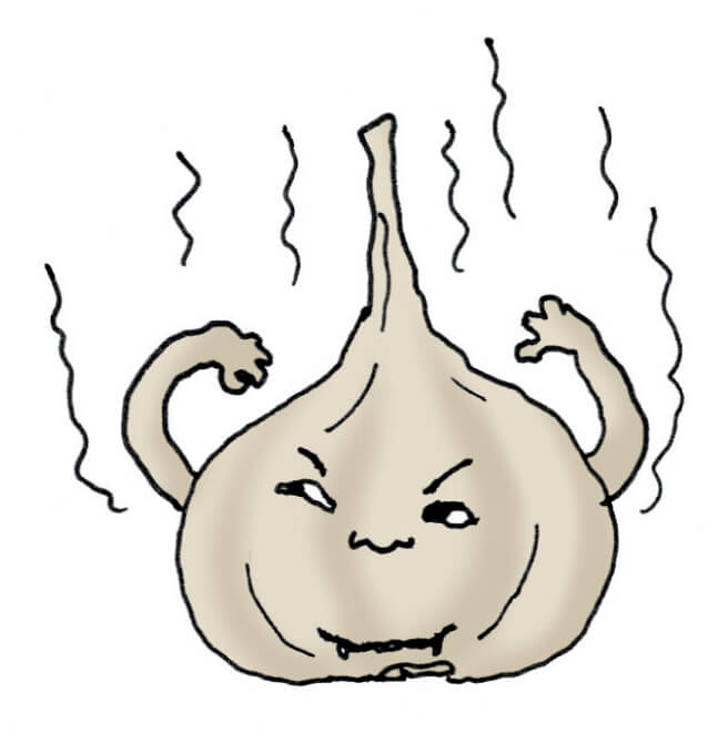 Knoflook met gezichtje laat zijn spierballen zien