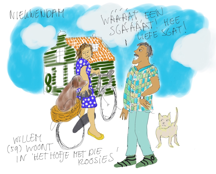 Tekening waarop een vrouw met hondje wordt aangesproken door Amsterdammer en over het hondje in haar mand zegt: 'Waaat een schááát!'