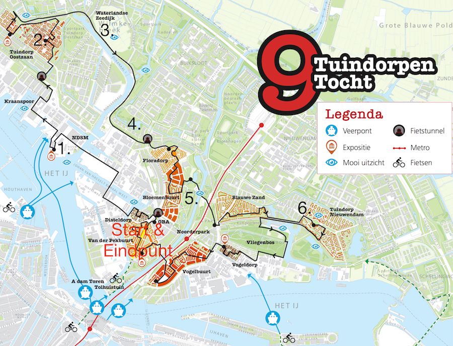 kaartje van de 9 tuindorpentocht in Amsterdam Noord.