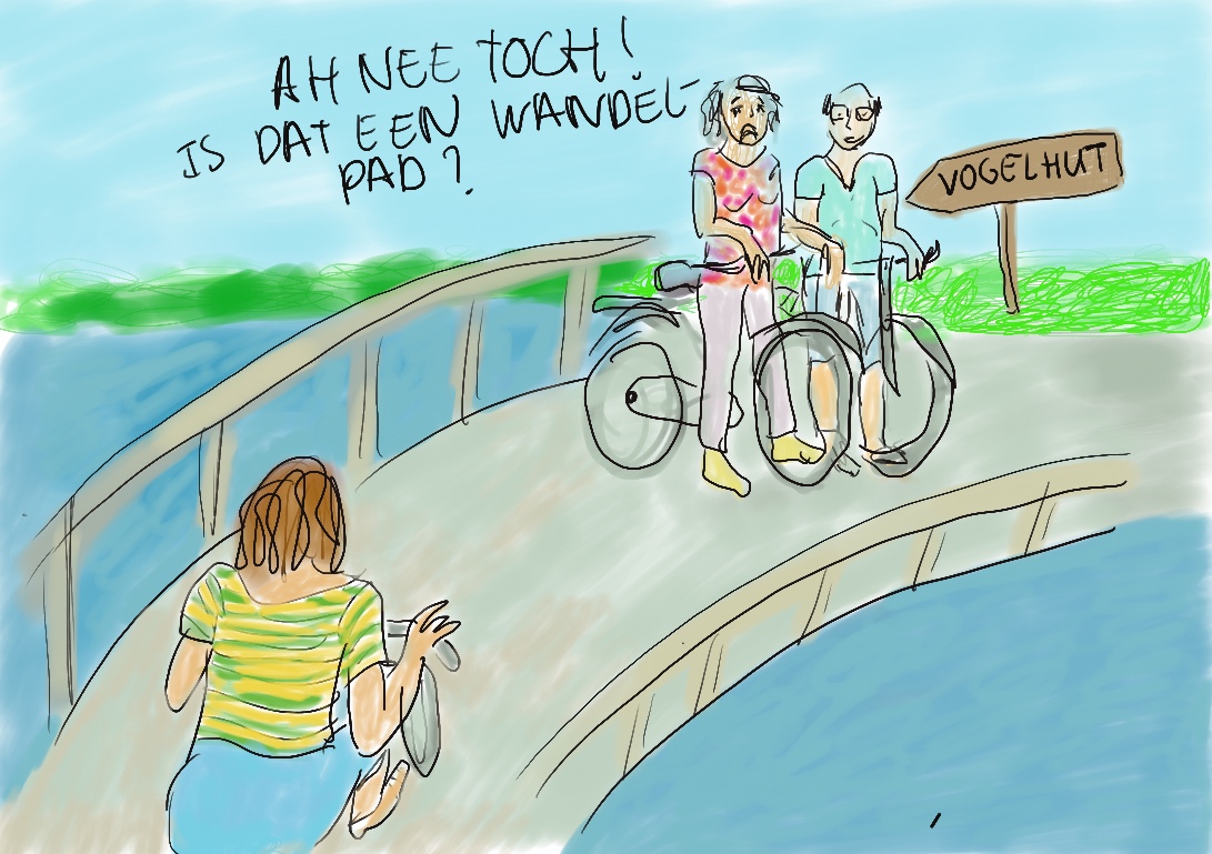Tekening van fietsers in Zwolle met tekst: 'Ach nee, is dat een wandelpad?!'