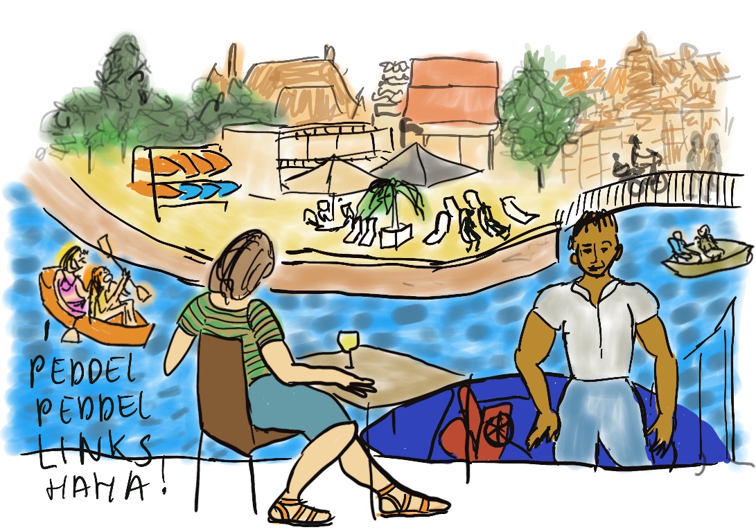 Tekening van terras aan de stadsgracht in Zwolle