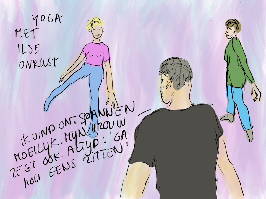 Tekening van yogadocent met cursisten