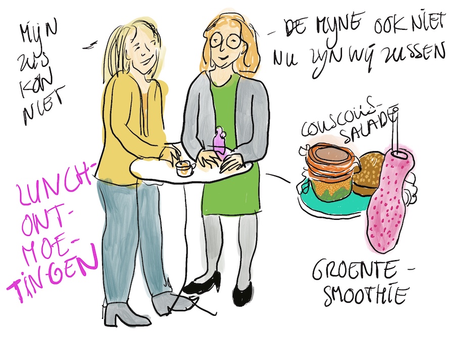 Tekeningen van twee vrouwen die samen lunchen tijdens het symposium