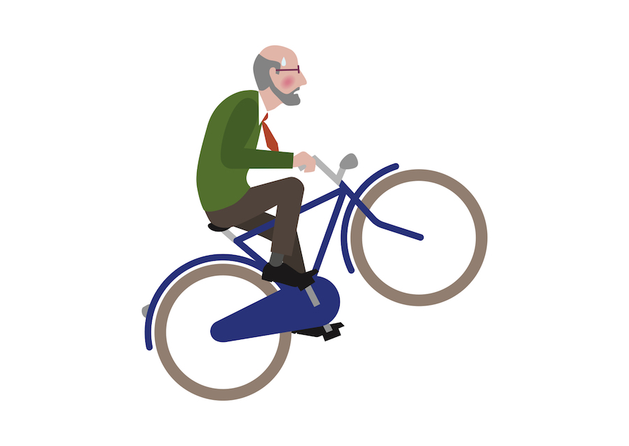 Ploeterende man met baard fietst de heuvel op