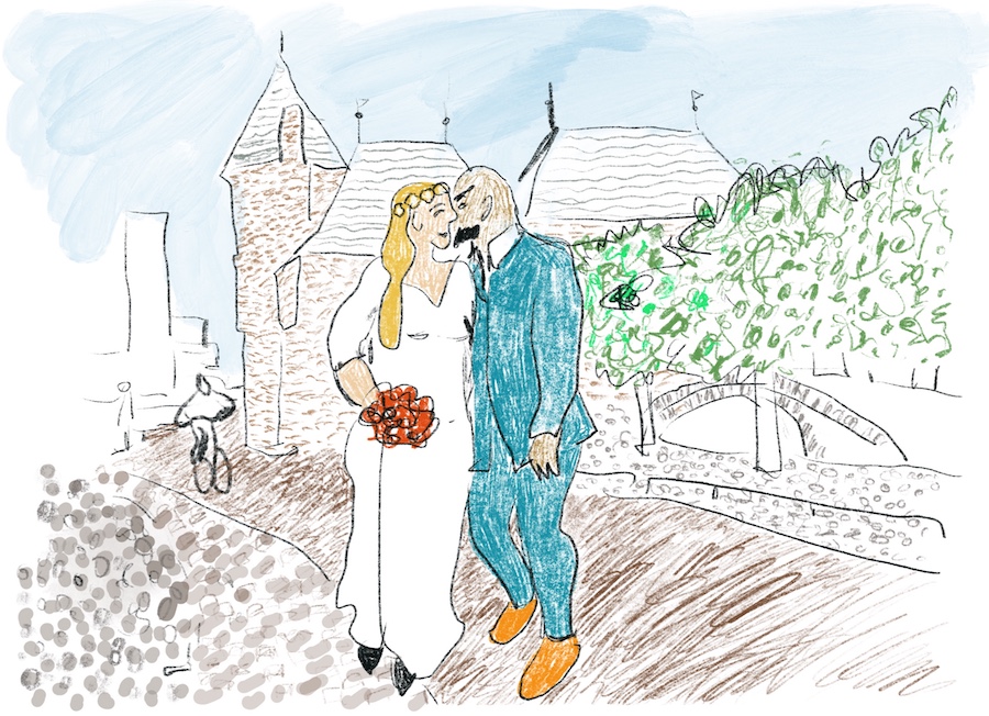 Tekening van bruidspaar voor de Koppelpoort