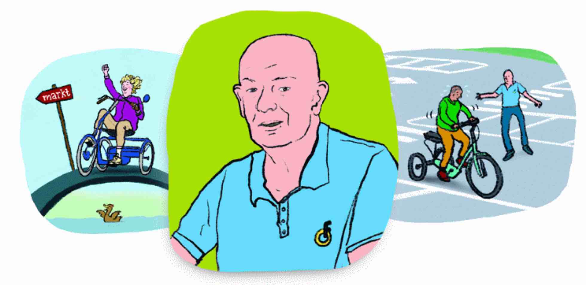 3 tekeningen van Fietsdocent Herman en cursisten op driewielfiets