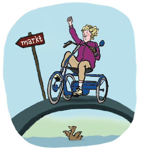 Mijlpaal voor vrouw op driewielfiets: ze komt de brug op. Tekening