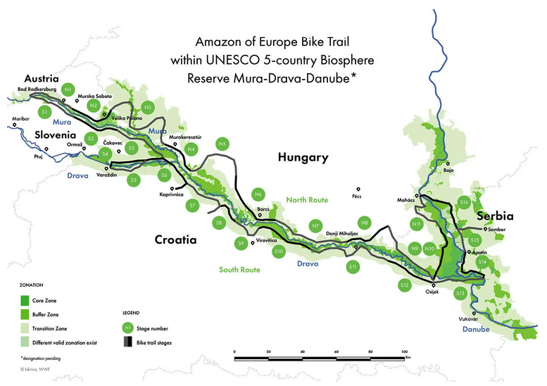 Schematische afbeelding van de plaatsen waar de Amazon of Europe Bike Trail langsvoert