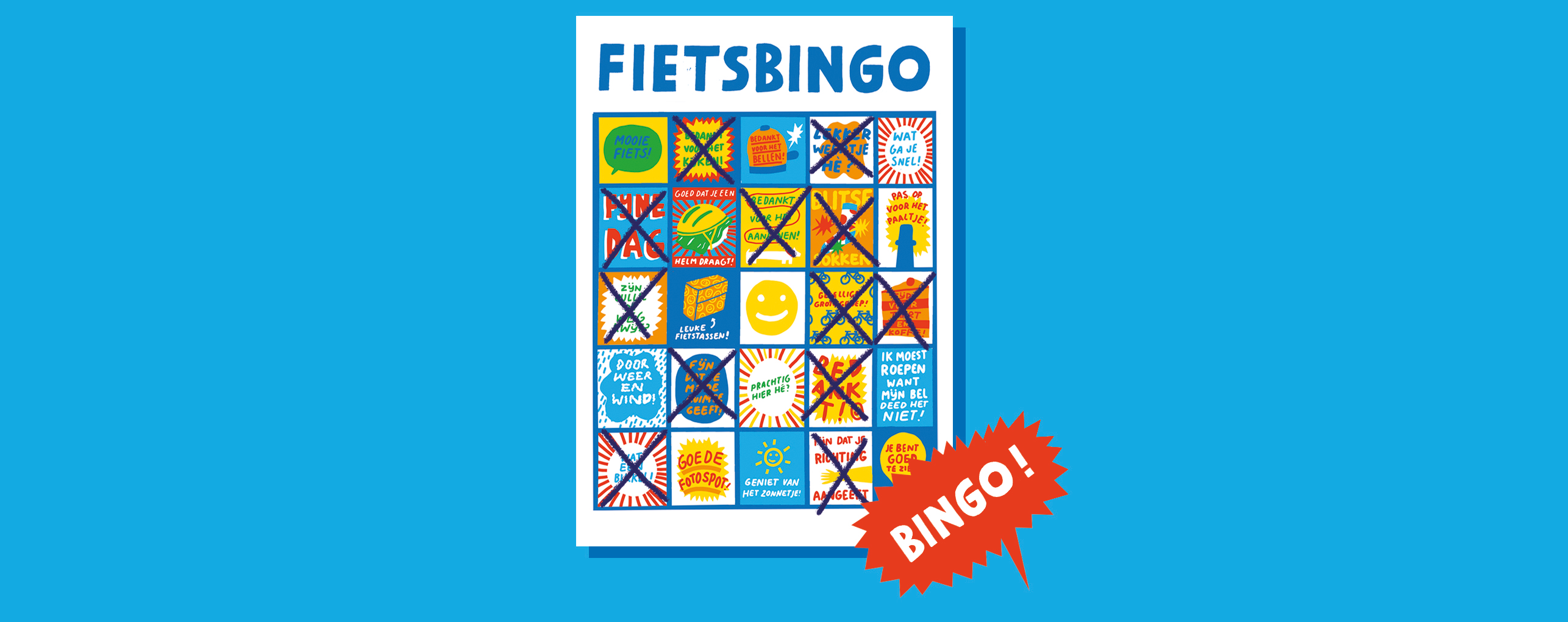Bingokaart vol met fietscomplimenten of tips die fietsers naar elkaar kunnen roepen. Op de bingokaart staan onder andere: Mooie fiets, Wat ga je snel en pas op het paaltje!