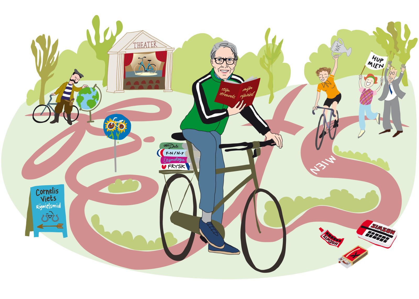 Illustratie waarop Wim Daniëls staat afgebeeld, zittend op de fiets, een boek lezend met in de achtergrond voorbeelden van wat hij leuk vindt, zoals theater en wielrennen.