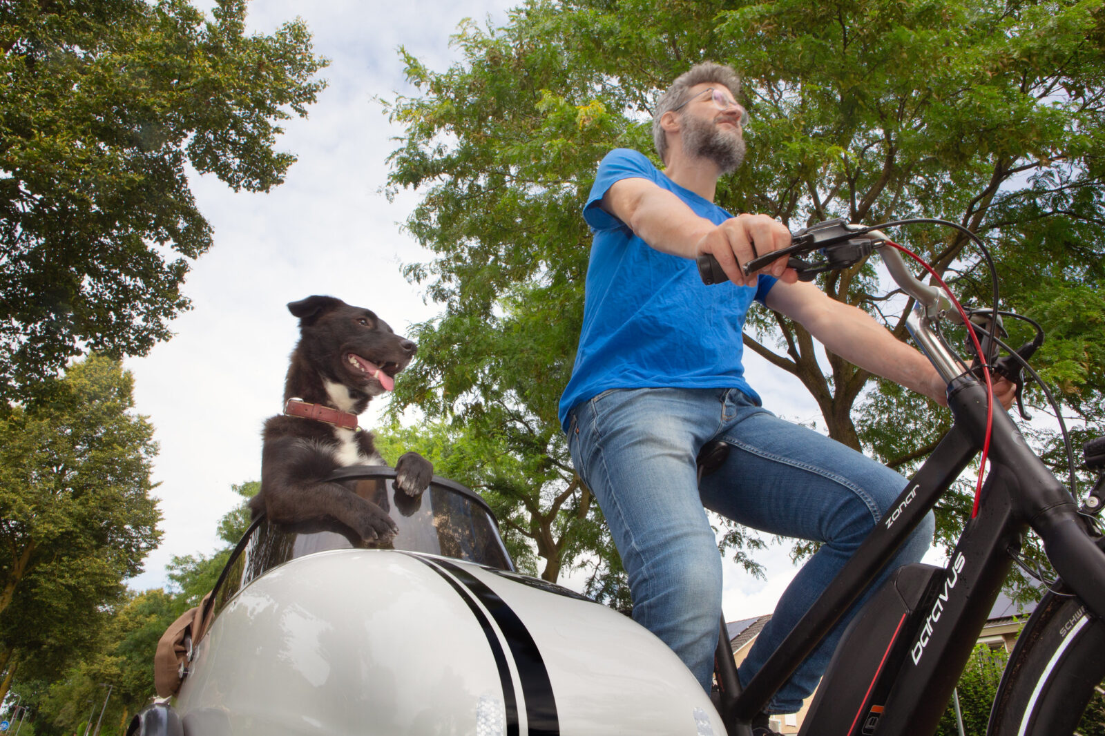 TestKees op de fiets met zijn hond in de zijspan