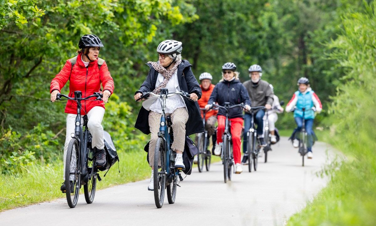 Groep senioren fietsers die twee aan twee door het bos fietsen.