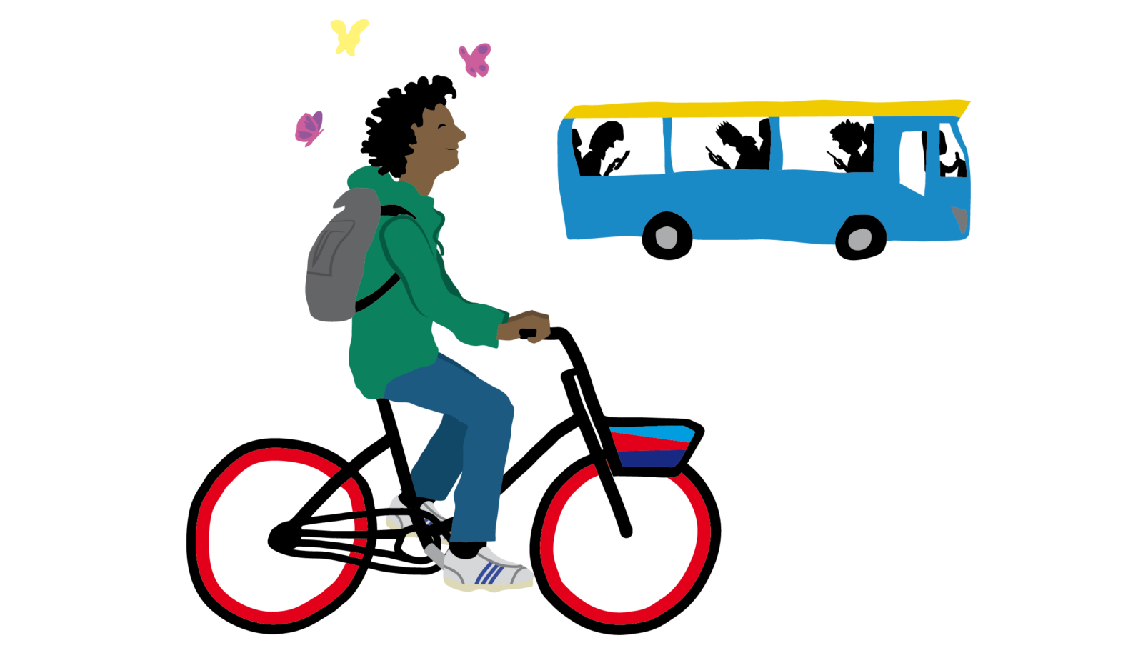 Tekening van student op deelfiets met vlinders om het hoofd terwijl bus langs hem rijdt.