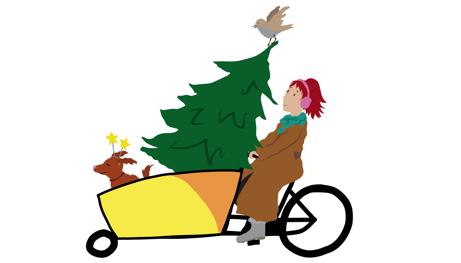 Tekening van een vrouw op deelbakfiets met daarin een hond en een kerstboom.