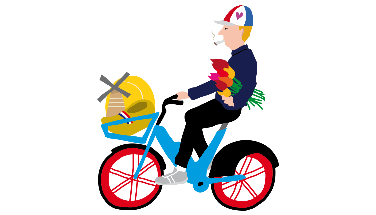 Tekening van man met rood-wit-blauwe pet op deelfiets met voorin het kratje een molen en klomp.