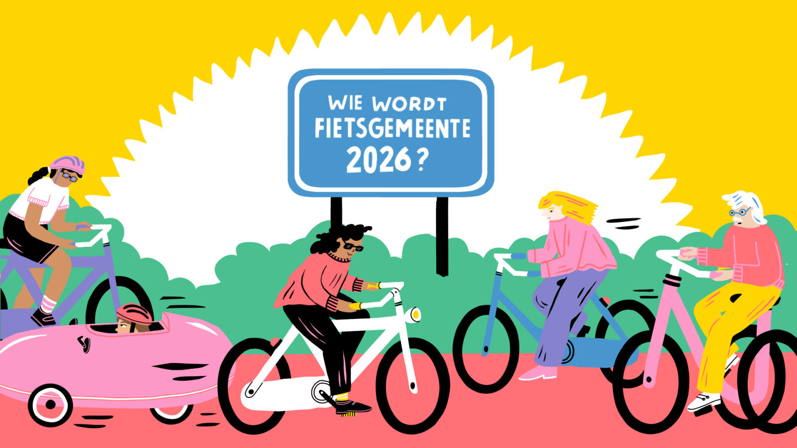 Illustratie van fietsers en een gemeentebord met daarop de tekst: Wie wordt Fietsgemeente 2026?