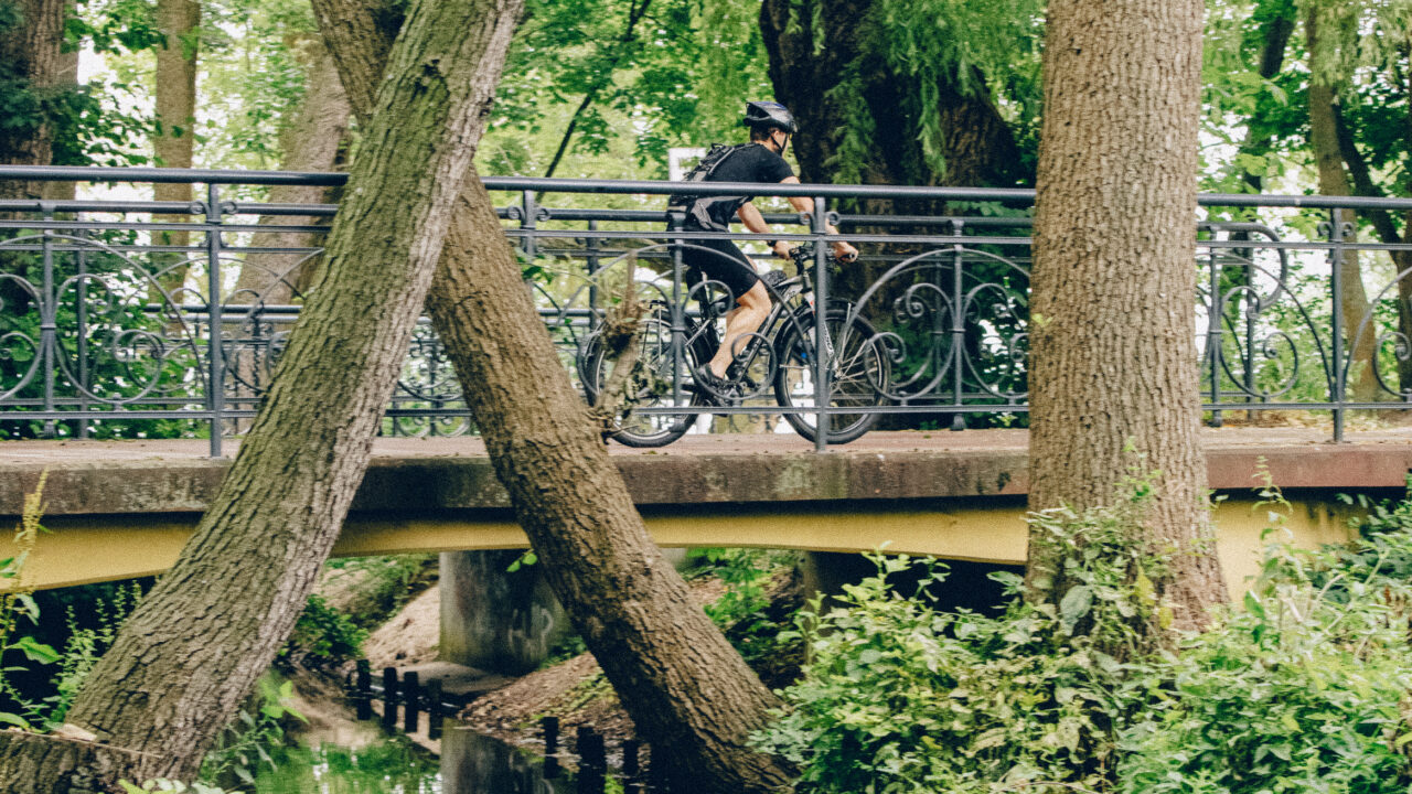 Wielrenner fietst over brug met gietijzeren leuning in groene omgeving.