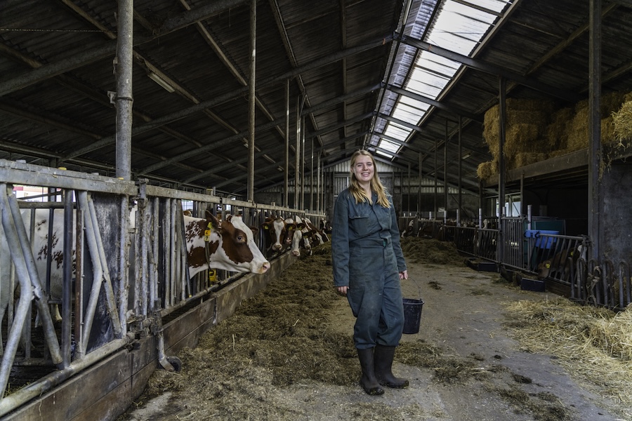 Vrouw met lang blond haar in groen overall in een koeienstal.