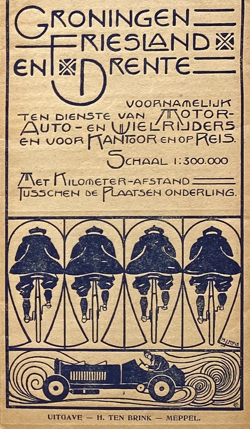 Zwierige omslag van de oude kartografische kaart met tekeningen van fietsers.