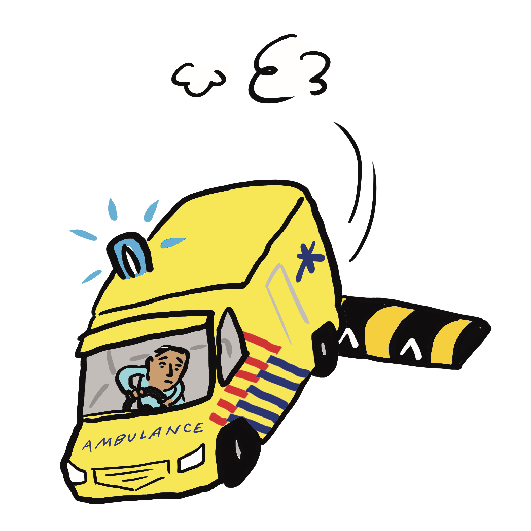 Tekening van ambulance die met zijn achterwielen achter een drempel blijft hangen