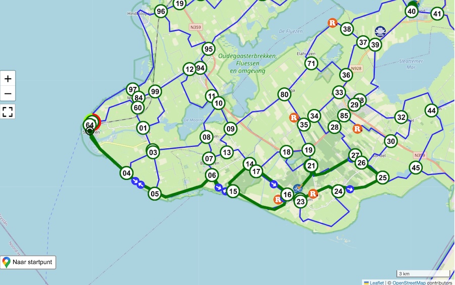 Kaartje met knooppunten van de route. 