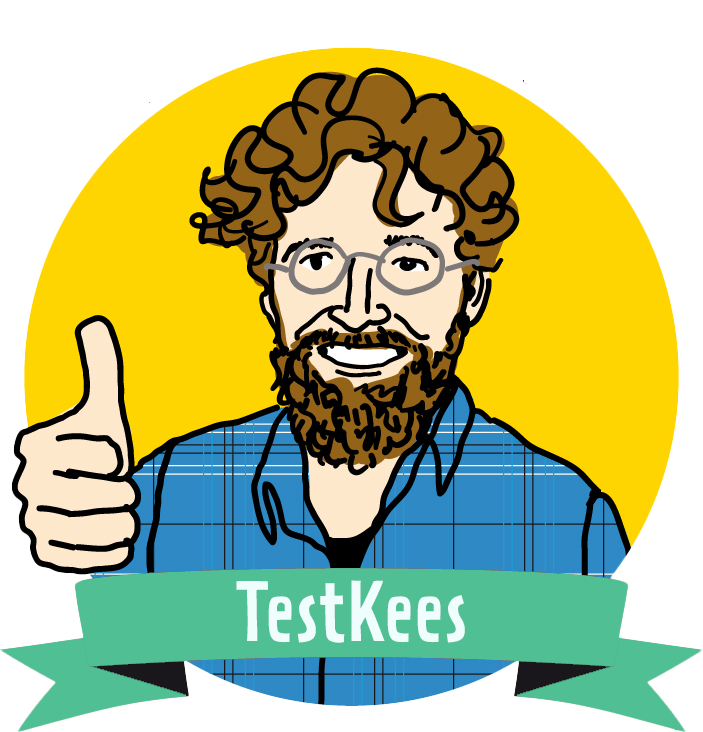 Logo van TestKees Fietsersbond: illustratie van TestKees die zijn duim opsteekt met een tekstbanner met TestKees erop