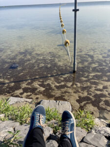 Twee relaxte sneakers op stenen aan de oever van het Ijsselmeer.