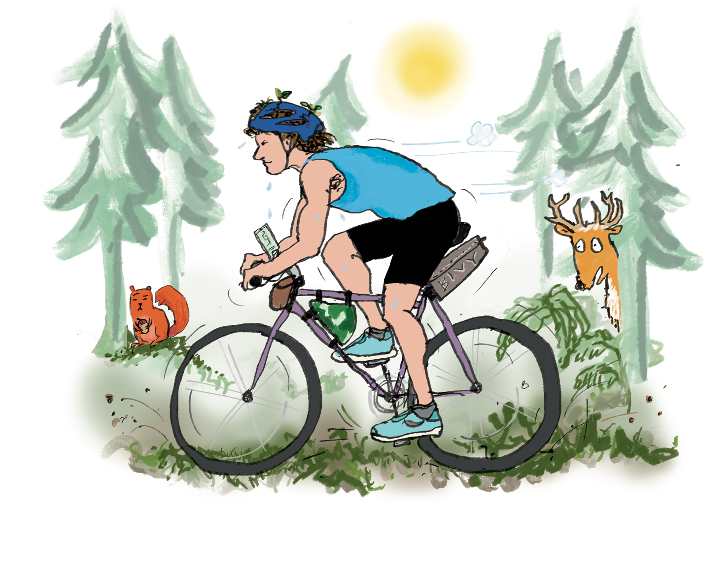 Bikepacker met takjes op zijn helm en een paar minitasjes rijdt door een woest bos met eekhoorn en panisch hert.