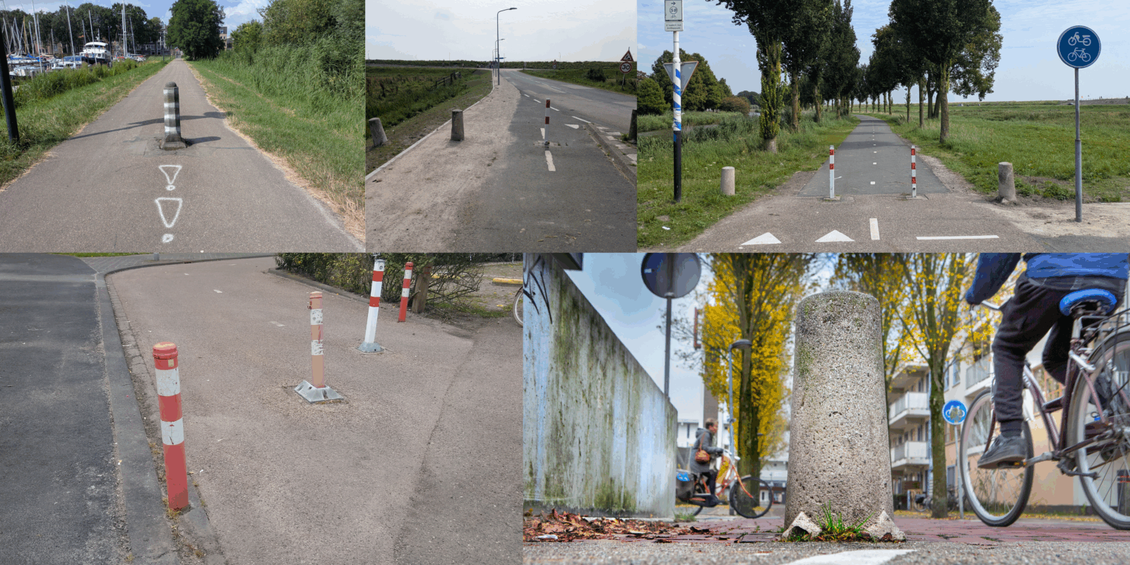Fotocollage van paaltjes op het fietspad