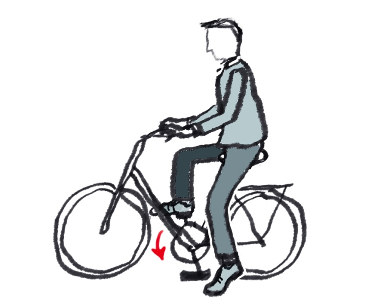 Getekend figuur die op de fiets zit met een voet aan de grond