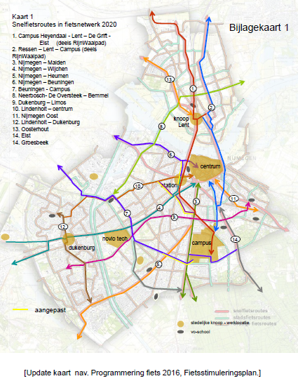 Kaart met snelfietsroutes in 2020 met daarbij aanpassingen 2015 aangegeven
