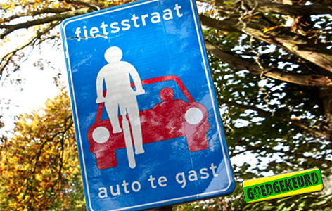 Foto: Bord Fietsstraat, auto te gast