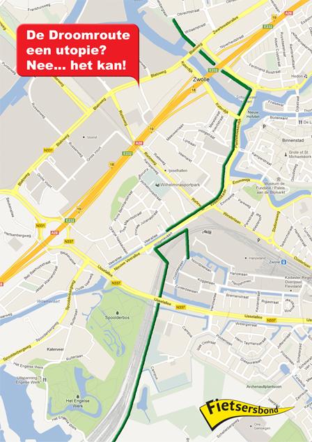 Kaartje met de gedroomde westelijke fietsroute van Fietsersbond-Zwolle